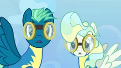 Size: 1920x1080 | Tagged: safe, derpibooru import, screencap, sky stinger, vapor trail, pegasus, pony, g4, top bolt, clothes, cute, duo, female, goggles, image, jpeg, looking at you, male, mare, open mouth, stallion, uniform, wonderbolt trainee uniform