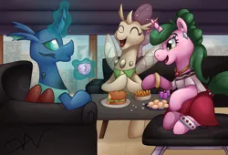 Size: 2500x1700 | Tagged: safe, artist:swasfews, derpibooru import, oc, unofficial characters only, changedling, changeling, pony, unicorn, candle, city, cityscape, couch, cup, egg, egg (food), food, french fries, image, jpeg, sandwich, table, teacup, trio, window