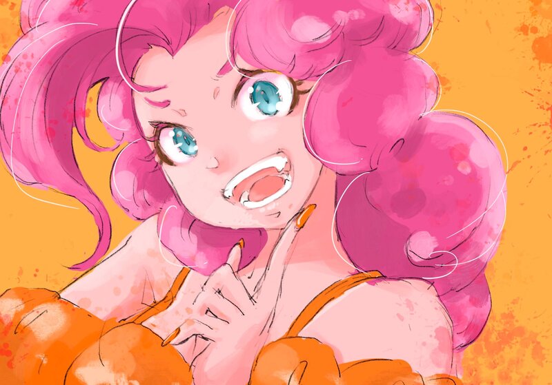 Size: 2048x1431 | Tagged: safe, artist:bonoramo, derpibooru import, pinkie pie, human, equestria girls, g4, bare shoulder portrait, bare shoulders, bust, female, halloween, holiday, image, jpeg, looking at you, open mouth, open smile, orange background, portrait, simple background, smiling, smiling at you, solo