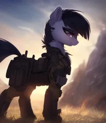 Size: 640x736 | Tagged: prompter needed, safe, ai content, derpibooru import, machine learning generated, earth pony, pony, clothes, cloud, ear fluff, female, grass, image, jpeg, looking at you, mare, military, military pony, military uniform, mountain, scenery, sky, solo, uniform