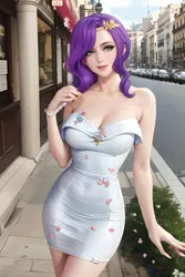 Size: 1024x1536 | Tagged: safe, ai content, derpibooru import, editor:sammykun, machine learning generated, pipp petals, human, g5, barcelona, breasts, busty pipp petals, city, clothes, created ai photo, dress, europe, female, humanized, image, long hair, looking at you, off shoulder, png, prompter:sammykun, reasonably sized breasts, sky, sleeveless, sleeveless dress, solo, spain, strapless, street, tree