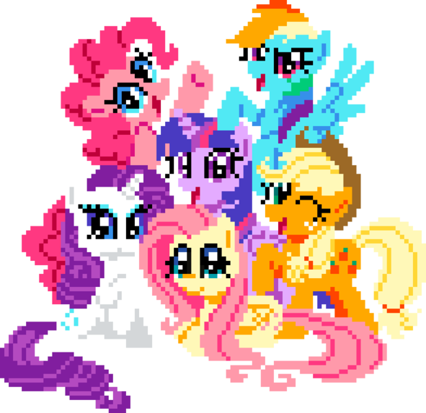 Size: 980x950 | Tagged: safe, artist:candy meow, derpibooru import, applejack, fluttershy, pinkie pie, rainbow dash, rarity, twilight sparkle, alicorn, earth pony, pegasus, pony, unicorn, g4, derpibooru exclusive, female, folded wings, horn, image, looking at you, mane six, mane six opening poses, mare, mlp fim's thirteenth anniversary, pixel art, png, simple background, smiling, spread wings, transparent background, wings