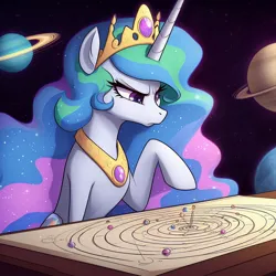 Size: 1024x1024 | Tagged: safe, ai content, derpibooru import, editor:lostbrony, machine learning generated, princess celestia, pony, g4, angry, concave belly, female, generator:dall-e 3, heliocentric theory, heresy, image, jewelry, jpeg, map, mare, medium detailed, planet, prompter:lostbrony, regalia, scowl, slender, solar system, solo, thin, wingless