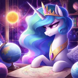 Size: 1024x1024 | Tagged: safe, ai content, derpibooru import, editor:lostbrony, machine learning generated, princess celestia, alicorn, pony, g4, angry, book, bookshelf, cute, cutelestia, generator:dall-e 3, globe, heliocentric theory, image, jewelry, jpeg, madorable, prompter:lostbrony, regalia, scowl, solo, sun