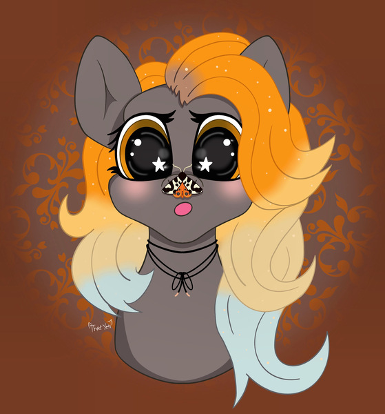 Size: 1982x2129 | Tagged: safe, artist:mistyquest, derpibooru import, oc, oc:golden hour, unofficial characters only, insect, moth, pegasus, pony, g4, autumn, blue mane, blushing, brown background, brown eyes, bust, curious, curly hair, curly mane, cute, eyelashes, eyes open, female, food, front view, gradient eyes, gradient mane, gray coat, gray fur, happy, image, inktober, inktober 2023, jewelry, jpeg, looking at you, looking down, multicolored hair, multicolored mane, necklace, open mouth, orange, orange mane, photo, simple background, solo, sparkles, surprised, symmetrical, wavy hair, wavy mane, wide eyes, yellow mane