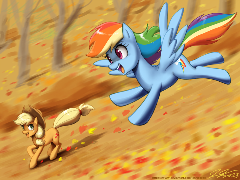 Size: 1300x975 | Tagged: safe, artist:johnjoseco, derpibooru import, applejack, rainbow dash, earth pony, pegasus, pony, g4, applejack's hat, autumn, backwards cutie mark, cowboy hat, flying, freckles, hairband, hat, image, leaf, leaves, mlp fim's thirteenth anniversary, open mouth, png, race, running, running of the leaves, spread wings, tail, tail band, tree, wings