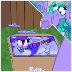 Size: 4000x4000 | Tagged: safe, artist:silvaqular, derpibooru import, oc, oc:cyanette, oc:qular, ponified, earth pony, object pony, original species, pony, unicorn, awkward moment, awkward smile, confused, door, doormat, flattened, gradient hair, gradient mane, grass, ground, image, png, shocked, shocked expression, shocked eyes, smiling