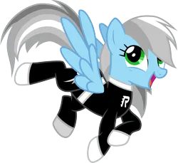 Size: 3268x3000 | Tagged: safe, artist:funheart287, derpibooru import, rainbow dash, pegasus, pony, g4, clothes, crossover, danny phantom, female, green eyes, high res, image, jumpsuit, mare, png, simple background, smiling, spread wings, transparent background, white hair, wings