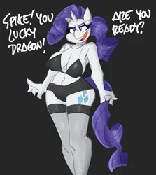 Size: 2500x2800 | Tagged: suggestive, artist:flutterthrash, derpibooru import, rarity, anthro, unicorn, g4, big breasts, black background, black underwear, bra, breasts, busty rarity, clothes, female, high res, image, implied shipping, implied sparity, implied spike, implied straight, panties, png, simple background, socks, solo, solo female, stockings, thigh highs, underwear