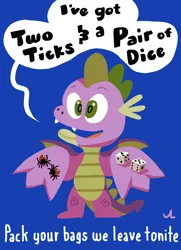 Size: 2966x4096 | Tagged: safe, artist:docwario, derpibooru import, spike, dragon, spider, g4, blue background, dice, eddie money, image, jpeg, mondegreen, open mouth, ponytober, ponytober 2023, simple background, song reference, speech bubble, talking to viewer, two tickets to paradise, winged spike, wings