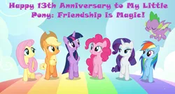 Size: 827x448 | Tagged: safe, artist:shieldwingarmorofgod, derpibooru import, edit, edited screencap, screencap, applejack, fluttershy, pinkie pie, rainbow dash, rarity, spike, twilight sparkle, twilight sparkle (alicorn), alicorn, dragon, earth pony, pegasus, pony, unicorn, all bottled up, g4, female, image, jpeg, male, mane seven, mane six, mlp fim's thirteenth anniversary, time paradox, winged spike, wings