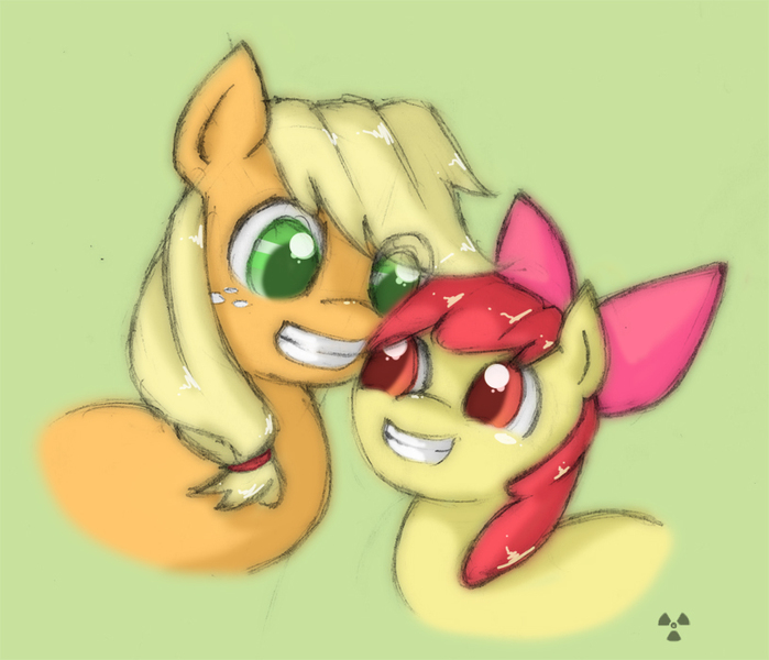 Size: 815x700 | Tagged: safe, artist:radioactive-k, derpibooru import, apple bloom, applejack, earth pony, pony, g4, apple sisters, female, filly, foal, green background, grin, image, jpeg, mare, siblings, simple background, sisters, smiling