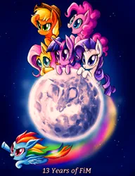 Size: 1551x2019 | Tagged: safe, artist:rafastary, derpibooru import, applejack, fluttershy, pinkie pie, rainbow dash, rarity, twilight sparkle, earth pony, pegasus, pony, unicorn, g4, anniversary, cowboy hat, flying, hat, horn, image, mane six, mare in the moon, mlp fim's thirteenth anniversary, moon, png, rainbow trail, spread wings, tangible heavenly object, unicorn twilight, wings