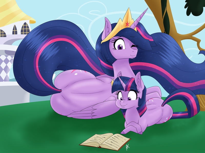 Size: 4000x3000 | Tagged: safe, artist:appelknekten, derpibooru import, princess twilight 2.0, twilight sparkle, twilight sparkle (alicorn), alicorn, pony, unicorn, friendship is magic, g4, the last problem, book, castle, crossed hooves, duality, ethereal mane, ethereal tail, female, height difference, hooves, image, long mane, long tail, mare, mlp fim's thirteenth anniversary, older, older twilight, older twilight sparkle (alicorn), one eye closed, png, reading, self paradox, self ponidox, size difference, spine, tail, time paradox, unicorn twilight