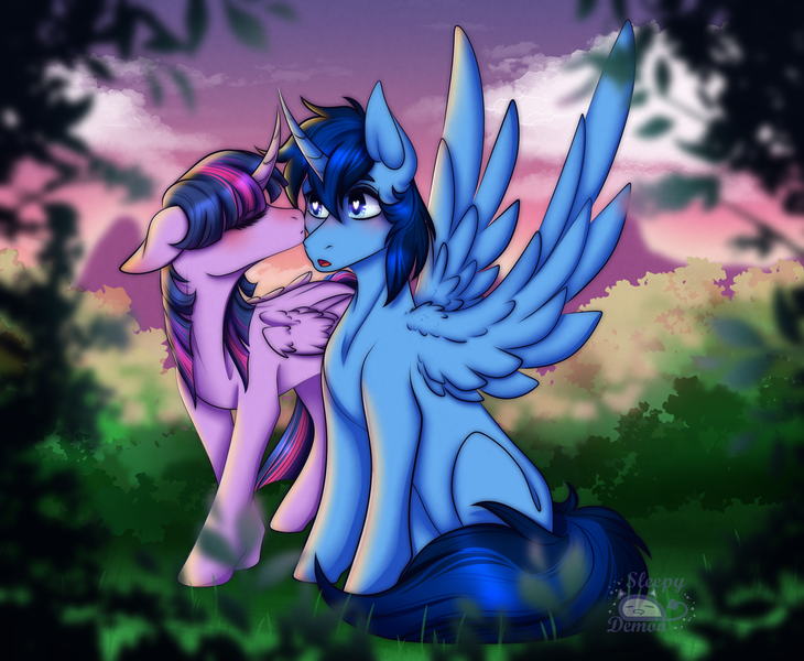 Size: 2800x2300 | Tagged: safe, artist:demonic_mako, derpibooru import, twilight sparkle, twilight sparkle (alicorn), oc, oc:blue thunder, alicorn, pony, g4, alicorn oc, canon x oc, duo, female, high res, horn, image, kissing, male, mare, meme, png, shipping, stallion, straight, thundersparkle, waifu thief, wings