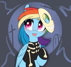 Size: 1000x952 | Tagged: safe, artist:inkypuso, derpibooru import, rainbow dash, pegasus, pony, g4, :p, barrel (the nightmare before christmas), blushing, clothes, cosplay, costume, cute, daaaaaaaaaaaw, dashabetes, female, halloween, halloween costume, holiday, image, jpeg, looking offscreen, mare, mask, silly, skeleton costume, solo, the nightmare before christmas, tongue out