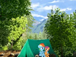 Size: 4000x3000 | Tagged: safe, artist:widelake, derpibooru import, rainbow dash, scootaloo, pegasus, pony, g4, camping, duo, female, forest, hug, image, log, png, scenery, scootalove, siblings, sisters, sitting, tent, tree, winghug, wings