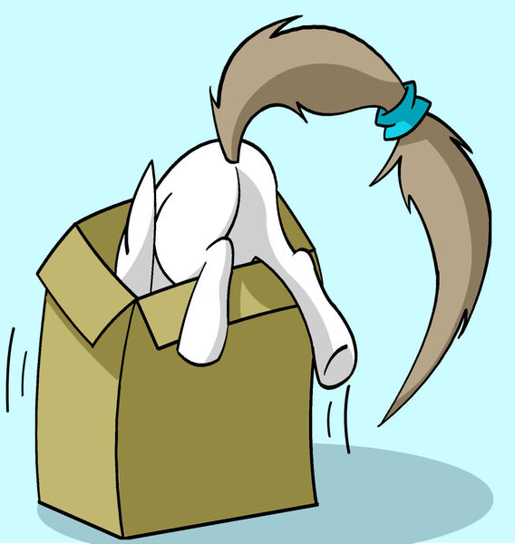 Size: 1280x1352 | Tagged: safe, artist:mayiamaru, derpibooru import, oc, oc:mayia, unofficial characters only, pegasus, pony, ask mayia, blue background, box, butt, cyan background, image, jpeg, plot, pony in a box, simple background, solo