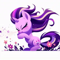 Size: 1024x1024 | Tagged: safe, ai content, derpibooru import, machine learning generated, starlight glimmer, pony, unicorn, g4, allergies, blushing, cute, eyes closed, flower, generator:bing image creator, image, jpeg, pollen, prompter:evergreenpinewood, raised hoof, sneezing, solo, spray, stylized, wind, windswept mane, wrong cutie mark