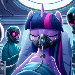 Size: 1024x1024 | Tagged: suggestive, ai content, derpibooru import, machine learning generated, prompter:sonicstreak5344, twilight sparkle, alien, pony, unicorn, g4, alien abduction, anesthesia, anesthesia mask, black anesthesia mask, breathing mask, clothes, generator:bing image creator, hose, image, jpeg, lab table, laboratory, lights, medical, oxygen mask, scrubs (gear), sedation, sleeping, surgeon, surgery