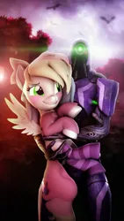 Size: 2160x3840 | Tagged: safe, alternate version, artist:lagmanor, derpibooru import, oc, oc:blazey sketch, pegasus, pony, robot, 3d, clothes, confused, fog, geth, high res, holding a pony, image, lens flare, looking at someone, looking at you, looking up, mass effect, png, revamped ponies, small wings, smiling, socks, source filmmaker, striped socks, sunlight, sunset, sweater, tree, wings