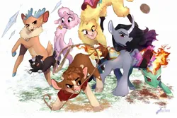 Size: 2048x1366 | Tagged: safe, artist:snotbat1, derpibooru import, arizona cow, oleander (tfh), paprika paca, pom lamb, tianhuo, velvet reindeer, alpaca, classical unicorn, cow, deer, dragon, hybrid, longma, pony, reindeer, sheep, unicorn, them's fightin' herds, antlers, arizona (tfh), bell, cloven hooves, community related, fightin' six, horn, image, jpeg, lasso, leonine tail, mane of fire, paprika (tfh), pom (tfh), rope, simple background, tianhuo (tfh), unshorn fetlocks, white background