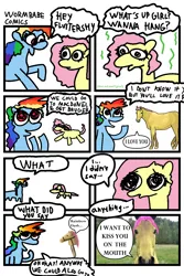 Size: 1036x1549 | Tagged: safe, artist:wormbabecomics, derpibooru import, fluttershy, rainbow dash, horse, pegasus, pony, g4, comic, dialogue, duo, female, flutterdash, hoers, image, lesbian, png, shipping, speech bubble, stink lines, stylistic suck, suddenly hoers, toy