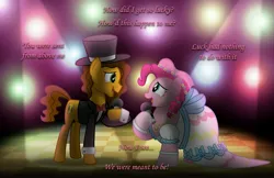 Size: 4096x2650 | Tagged: safe, artist:aleximusprime, derpibooru import, cheese sandwich, pinkie pie, earth pony, pony, fanfic:my big fat pink wedding, flurry heart's story, g4, bowtie, cheesepie, clothes, dress, duo, female, hat, image, jewelry, jpeg, karaoke, looking at each other, looking at someone, lyrics, male, mare, marriage, microphone, ring, shipping, singing, song in the description, spotlight, stallion, straight, text, top hat, tuxedo, wedding, wedding dress, wedding ring