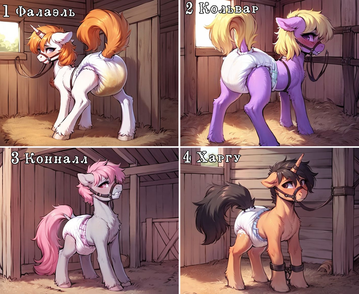 Size: 1414x1158 | Tagged: questionable, ai content, derpibooru import, generator:eris, machine learning generated, stable diffusion, oc, oc:connall, oc:falael, oc:kalvar, oc:khargu, unofficial characters only, earth pony, pony, unicorn, series:aigdp, bdsm, blushing, bondage, bridle, collage, cyrillic, derpibooru exclusive, description is relevant, diaper, diaper bondage, diaper fetish, diaper slave, diaper usage, diapered, dock, farm, fetish, floppy ears, group, halter, hobbled, hooves, horn, horn ring, humiliation, image, indoors, jewelry, magic suppression, messy diaper, non-baby in diaper, png, pony play, prompter:mechanic31, raised tail, reins, ring, slave, slavery, stable, stall, story included, tack, tail, wet diaper