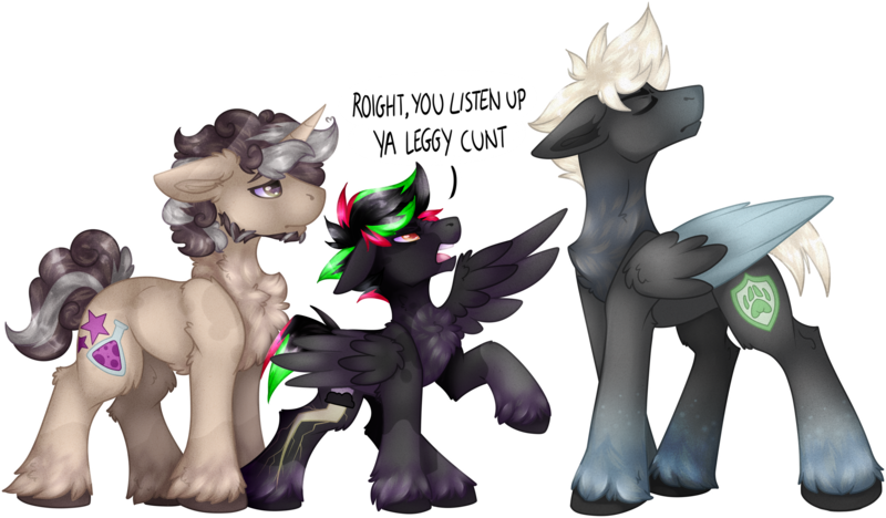 Size: 2927x1711 | Tagged: safe, artist:chvrchgrim, derpibooru import, oc, oc:cardinal, oc:krypt, oc:quantum, unofficial characters only, pegasus, pony, unicorn, chest fluff, concerned, family, father and child, father and son, height difference, horn, image, looking away, male, pegasus oc, png, pointing, simple background, transparent background, unicorn oc, unshorn fetlocks, vulgar, wing hands, wings, yelling