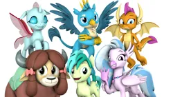 Size: 1920x1080 | Tagged: safe, alternate version, artist:pika-robo, derpibooru import, gallus, ocellus, sandbar, silverstream, smolder, yona, changedling, changeling, classical hippogriff, dragon, gryphon, hippogriff, yak, g4, 3d, crossed arms, dragoness, female, flying, group, group photo, image, looking at you, male, open mouth, open smile, png, simple background, smiling, source filmmaker, spread wings, student six, waving, waving at you, white background, wings