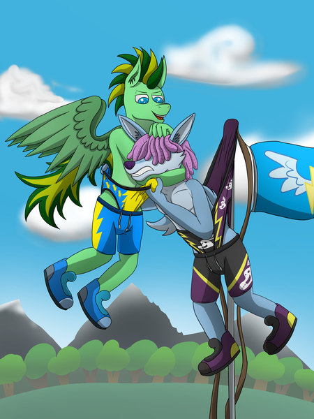 Size: 4500x6000 | Tagged: suggestive, artist:tacomytaco, derpibooru import, oc, oc:taco.m.tacoson, unofficial characters only, anthro, wolf, belly button, briefs, clothes, flag, flagpole, flying, frontal wedgie, gritted teeth, hair over eyes, hanging, hanging wedgie, image, male, males only, pain, partial nudity, png, shadowbolts, shoes, shorts, spread wings, teeth, topless, underwear, wedgie, wings, wonderbolts flag