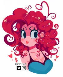 Size: 1540x1900 | Tagged: safe, alternate version, artist:l4zy_4le, derpibooru import, pinkie pie, human, g4, breasts, bust, busty pinkie pie, cleavage, curly hair, female, floating heart, heart, humanized, image, jpeg, looking at you, no catchlights, simple background, solo, white background