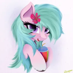 Size: 4000x4000 | Tagged: safe, artist:ser-p, derpibooru import, earth pony, pony, g5, absurd resolution, bust, dahlia, drink, flower, flower in hair, happy, image, looking at you, open mouth, open smile, png, portrait, smiling, smoothie, solo