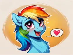 Size: 1920x1440 | Tagged: safe, ai content, derpibooru import, machine learning generated, rainbow dash, pegasus, pony, g4, chest fluff, ear fluff, female, generator:easyfluff v11.2, heart, heart eyes, image, jpeg, looking at you, mare, open mouth, open smile, prompter:siber, simple background, smiling, smiling at you, solo, speech bubble, wingding eyes