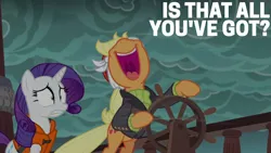 Size: 2000x1125 | Tagged: safe, derpibooru import, edit, edited screencap, editor:quoterific, screencap, applejack, rarity, earth pony, pony, unicorn, g4, ppov, season 6, boat, captain jackbeard, female, horn, image, lifejacket, mare, overcast, png, scared, storm