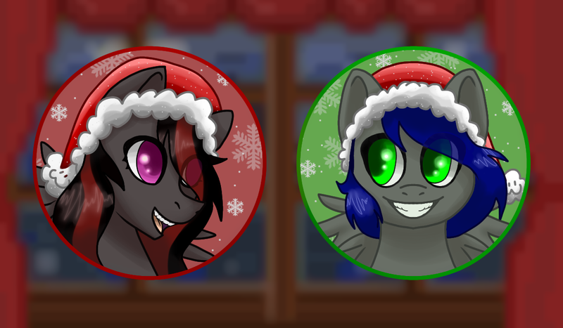 Size: 1200x700 | Tagged: safe, artist:krotir56, derpibooru import, oc, oc:mb midnight breeze, oc:se solar eclipse, unofficial characters only, pegasus, pony, blue mane, blurry background, christmas, christmas 2023, commission, couple, cute, drapes, duo, duo focus, duo male and female, ears up, eye clipping through hair, female, fluffy mane, gray coat, green background, green eyes, happy, hat, hearth's warming, holiday, image, in love, indoors, looking at each other, looking at someone, love, male, matching outfits, open mouth, pegasus oc, png, pony oc, profile picture, purple eyes, red and black mane, red background, santa hat, simple background, smiling, smiling at each other, snow, snowflake, spread wings, teeth, window, wings