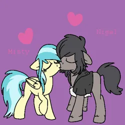 Size: 500x500 | Tagged: safe, artist:spitstuck, derpibooru import, misty fly, oc, oc:nigel, pony, g4, clothes, female, image, kissing, male, png, purple background, shirt, simple background, stallion, straight