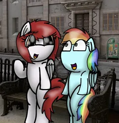 Size: 828x859 | Tagged: safe, artist:foxfer64_yt, derpibooru import, rainbow dash, oc, oc:kira (fl), pegasus, pony, g4, amazed, bench, chatting, city, confident, duo, image, jpeg, photo, sitting