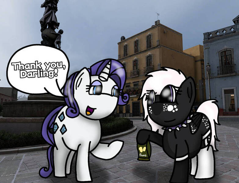 Size: 827x634 | Tagged: safe, artist:foxfer64_yt, derpibooru import, rarity, oc, oc:onyxstar (fl), pegasus, pony, unicorn, g4, chips, city, food, forza horizon, happy, image, jpeg, mexico, photo, raised hoof, thank you