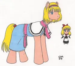 Size: 600x525 | Tagged: safe, artist:cqmorrell, derpibooru import, ponified, pony, alice margatroid, clothes, dress, female, image, jpeg, mare, shanghai doll, touhou