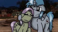 Size: 828x465 | Tagged: safe, artist:foxfer64_yt, derpibooru import, fluttershy, oc, oc:nara (fl), alicorn, pegasus, pony, g4, :3, city, cute, forza horizon, fountain, hug, image, jpeg, mexico, night, photo, relieved