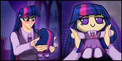 Size: 826x416 | Tagged: dead source, safe, artist:deroach, derpibooru import, twilight sparkle, human, g4, clothes, confused, female, fumo, humanized, image, jpeg, plushie, skirt, touhou