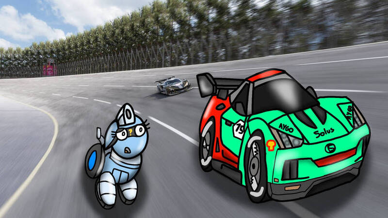 Size: 828x465 | Tagged: safe, artist:foxfer64_yt, derpibooru import, oc, oc:silverstream (robot pony), unofficial characters only, original species, pony, robot, robot pony, wheelpone, car, curious, image, jpeg, photo, race, racecar, solo