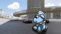 Size: 828x465 | Tagged: safe, artist:foxfer64_yt, derpibooru import, oc, oc:silverstream (robot pony), unofficial characters only, original species, pony, robot, robot pony, wheelpone, car, city, day, floppy ears, futuristic, happy, highway, image, jpeg, looking up, photo, racecar