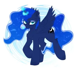 Size: 2340x2231 | Tagged: safe, artist:thieftea, derpibooru import, princess luna, alicorn, pony, g4, cup, high res, horn, image, looking at you, magic, png, solo, spread wings, wings