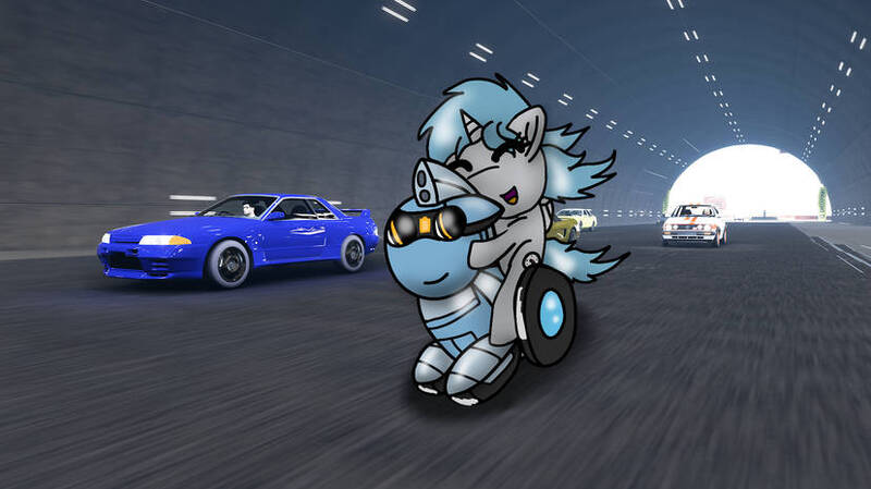 Size: 828x465 | Tagged: safe, artist:foxfer64_yt, derpibooru import, oc, oc:nara (fl), oc:silverstream (robot pony), unofficial characters only, alicorn, original species, pony, robot, robot pony, wheelpone, car, duo, eyes closed, floppy ears, happy, highway, hug, image, jpeg, looking at each other, looking at someone, nissan, photo, riding, riding a pony, tunnel