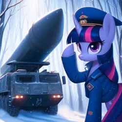 Size: 1024x1024 | Tagged: safe, ai content, derpibooru import, machine learning generated, prompter:voyaka, twilight sparkle, pony, unicorn, g4, generator:bing image creator, image, military, nuclear weapon, png, rocket launcher, solo, unicorn twilight, weapon, winter