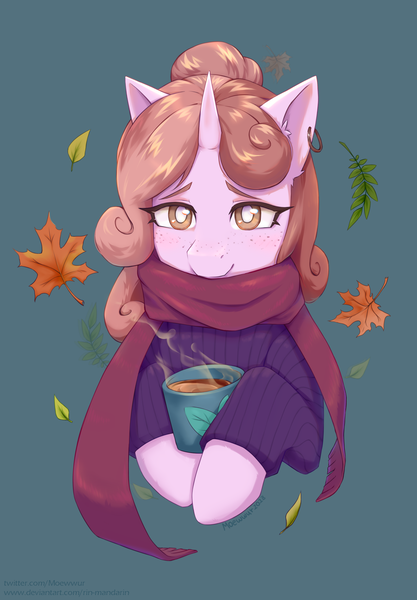 Size: 1600x2300 | Tagged: safe, artist:moewwur, artist:rin-mandarin, derpibooru import, oc, oc:plum rose, unofficial characters only, pony, unicorn, autumn, clothes, commission, cup, ear piercing, earring, ginger hair, halfbody, horn, image, jewelry, leaves, light fur, maid, piercing, png, scarf, solo, teacup, unicorn oc, ych result