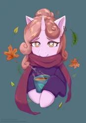 Size: 1600x2300 | Tagged: safe, artist:moewwur, artist:rin-mandarin, derpibooru import, oc, oc:plum rose, unofficial characters only, pony, unicorn, autumn, clothes, commission, cup, ear piercing, earring, ginger hair, halfbody, horn, image, jewelry, leaves, light fur, maid, piercing, png, scarf, solo, teacup, unicorn oc, ych result